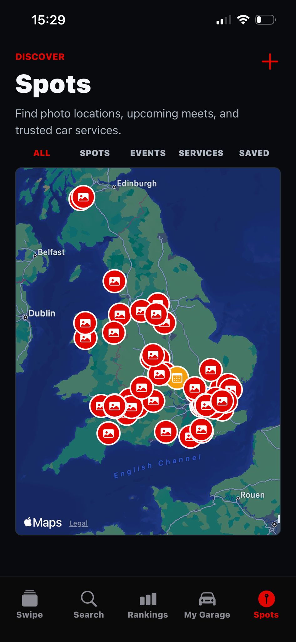 RevClub spots screen showing a map of photo locations and meet points.